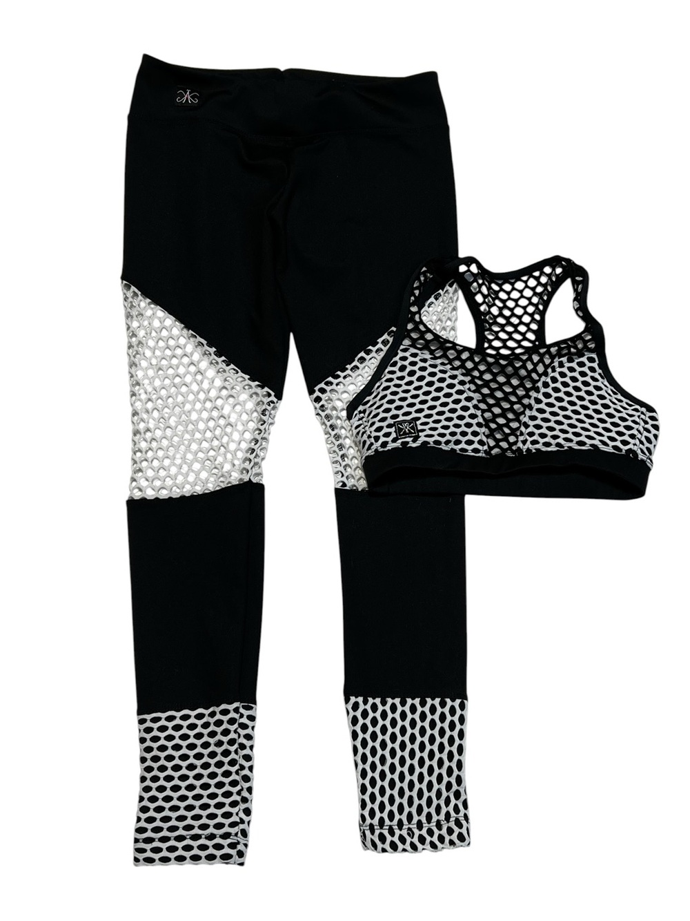 Dance costume girls 12 Y Black & White Mesh Active Set - Sports Bra + Leggings